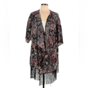 LuLaRoe | Monroe Black Floral Fringe Kimono Swim Cover-Up Size L Large